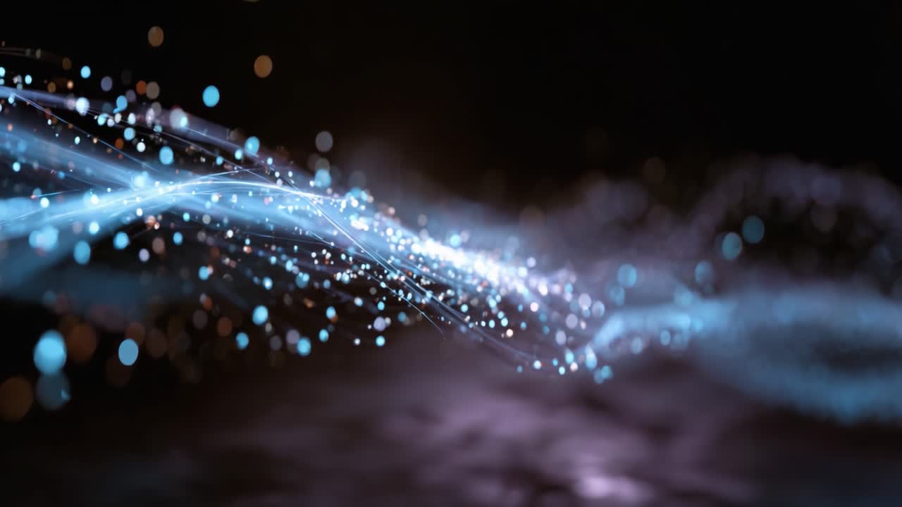 Un flusso ipnotico di particelle luminose che creano una straordinaria rappresentazione visiva di energia e movimento, catturando l'essenza della luce in uno spazio buio.