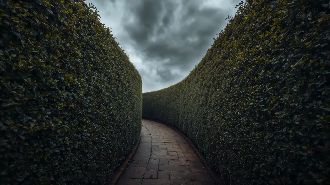 Tracking camera starting low, moving along garden brick path, showing clipped hedges and cloudy sky