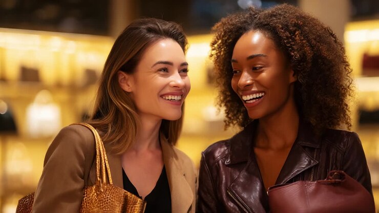 Two friends share a joyful moment in a stylish shopping environment, where they explore the latest trends while carrying trendy handbags and enjoying each other's company in a vibrant atmosphere