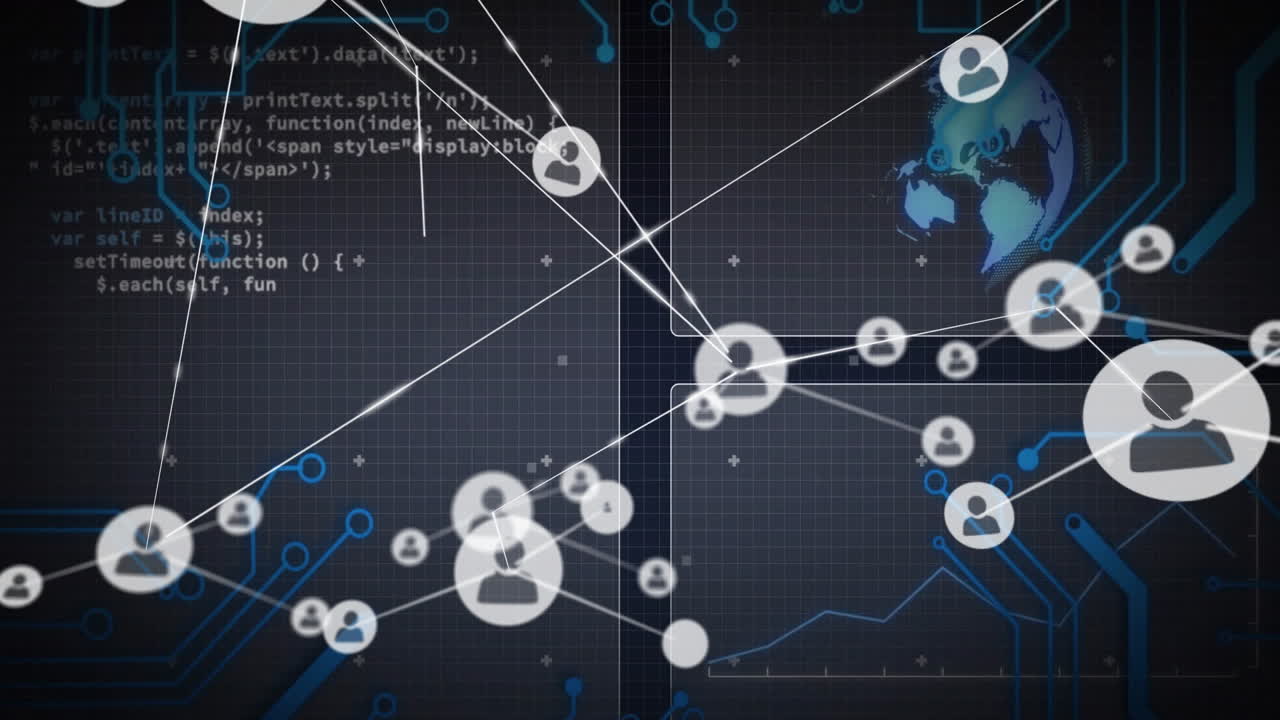 Network of connections and data processing animation over digital world map