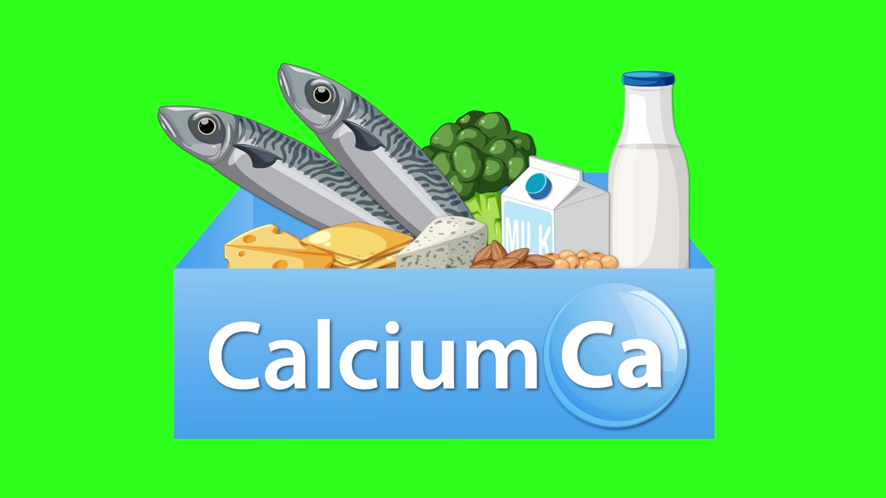 Riquadro blu che mostra alimenti ricchi di calcio ed etichetta, con transizioni fluide e sfondo verde brillante
