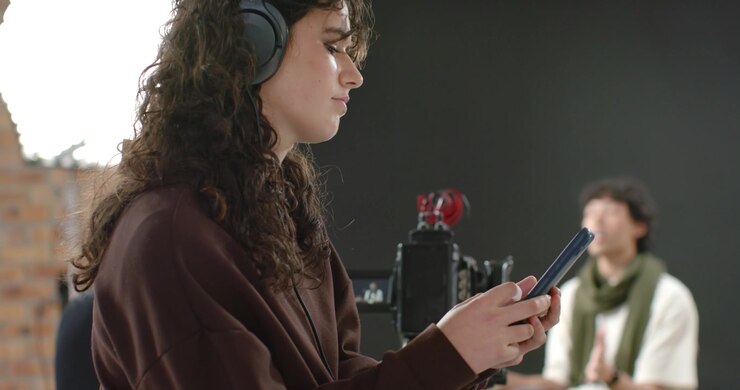 Membro della troupe con cuffie vicino al rig della telecamera, tocca il telefono e controlla la riproduzione dopo il segnale in studio