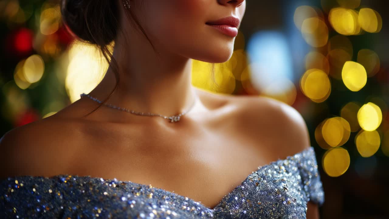An elegant woman with a graceful neck, adorned with a sparkling necklace, is highlighted in a festive atmosphere filled with twinkling lights, showcasing sophistication and beauty in a dazzling outfit