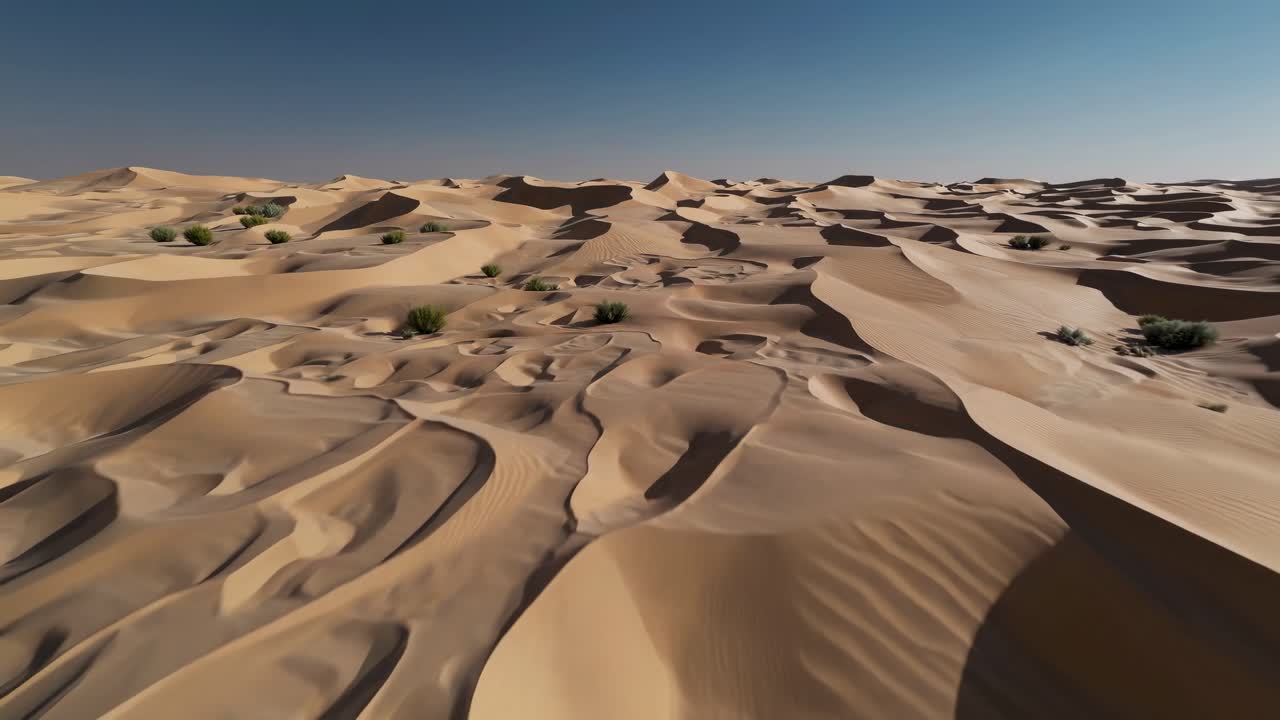 perspectiva aérea que revela el extenso terreno desértico, destacando las dunas de arena onduladas que barren el paisaje árido bajo un cielo azul luminoso, capturando formaciones geológicas naturales