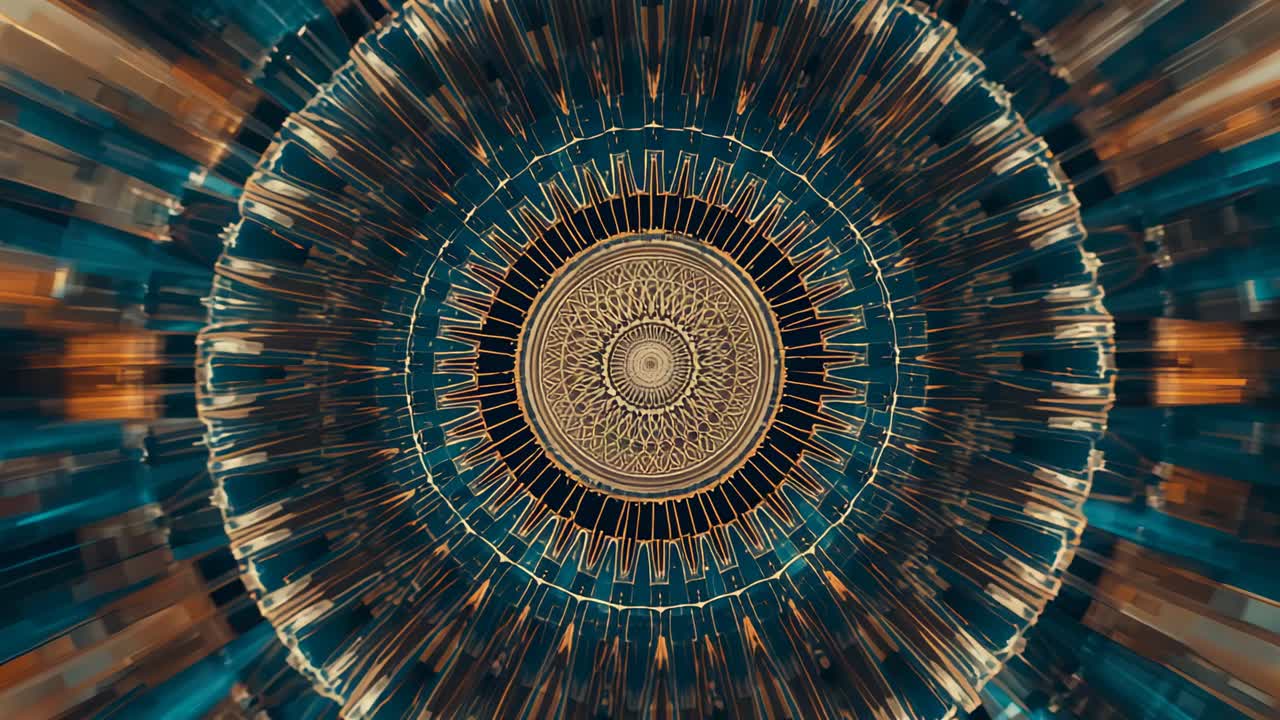 Beginning mandala radiating amber-teal rings, rotating and pulsing for kaleidoscopic effect