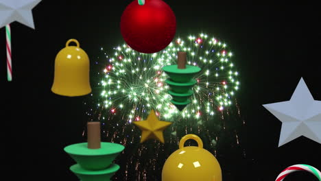 falling colourful christmas baubles tress and candy canes over fireworks on black background