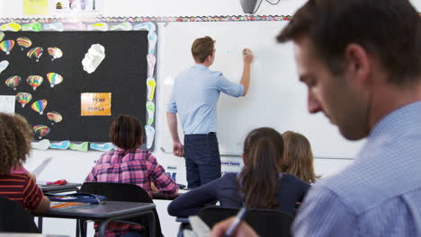 Trainee-teacher-making-notes-in-an-elementary-school-lesson