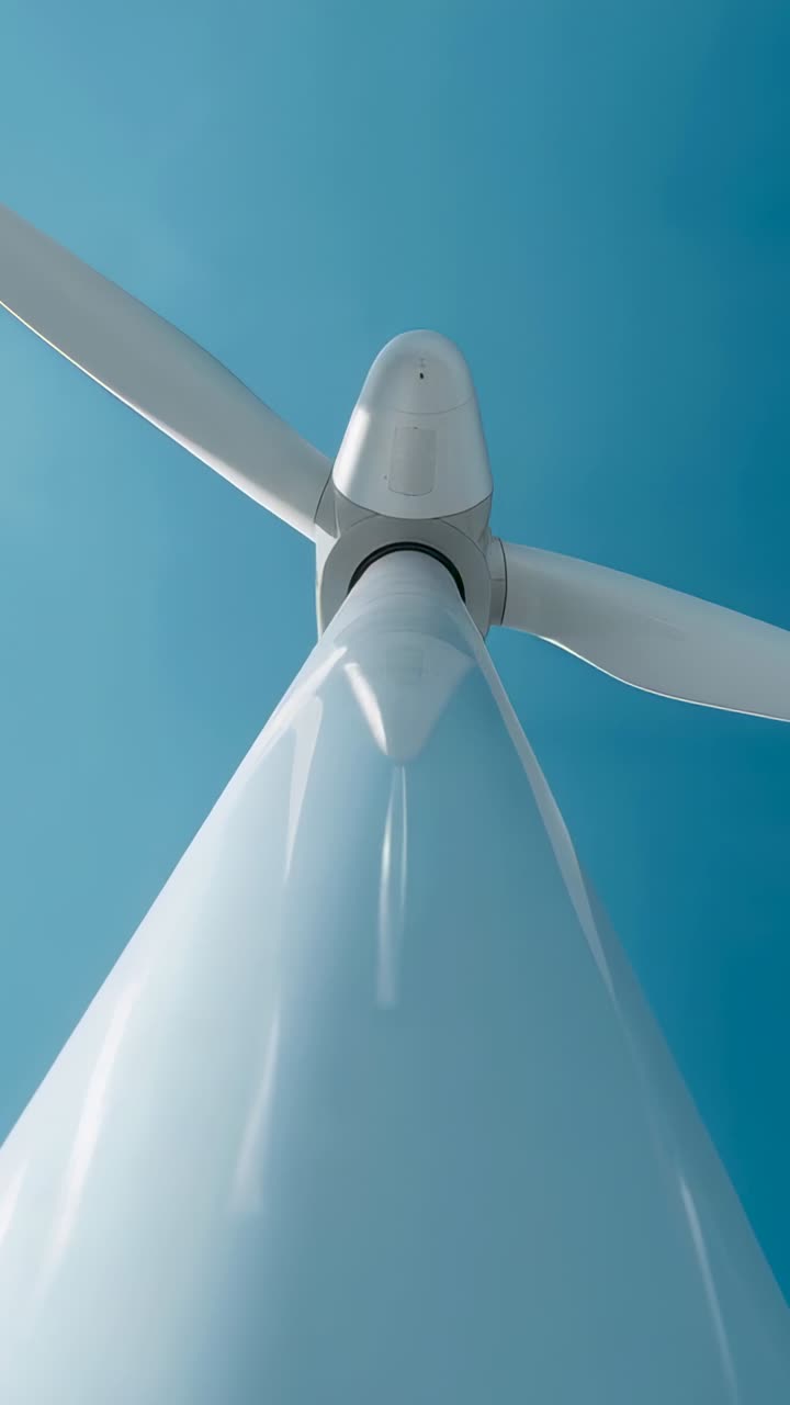 Vídeo vertical: Aerogenerador blanco girando bajo un cielo azul despejado, con el viento moviendo las aspas lentamente