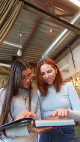 dos mujeres jóvenes mirando un libro en un café
