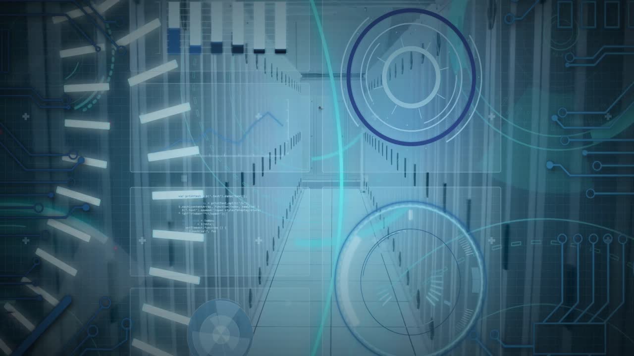 Animation of 5g text, scopes scanning and data processing over servers
