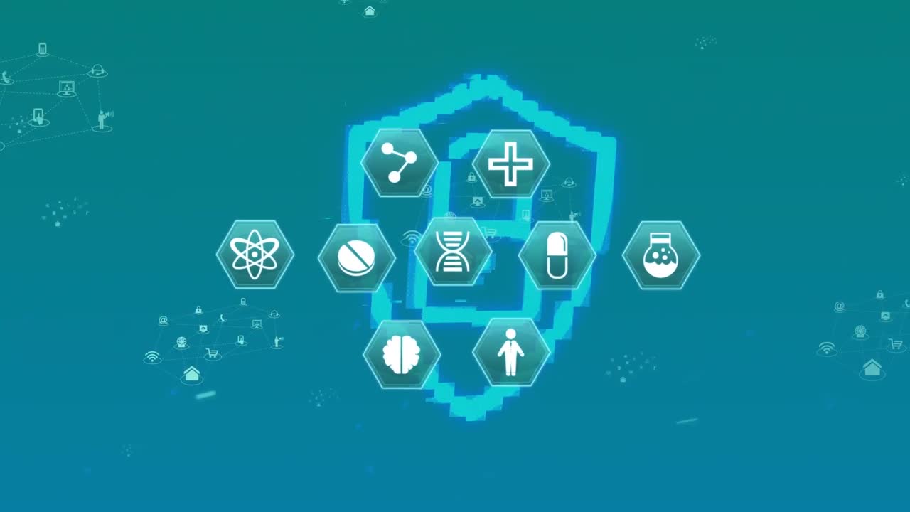 녹색 배경에 있는 온라인 보안  ⁇ 락 위의 의료 아이콘의 애니메이션