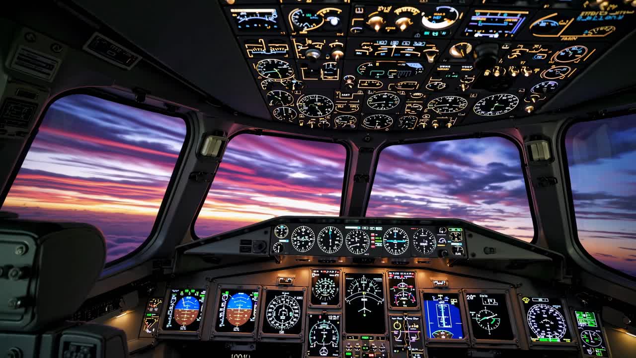 Vista dalla cabina di pilotaggio di un aereo al tramonto, con comandi illuminati e un cielo vibrante
