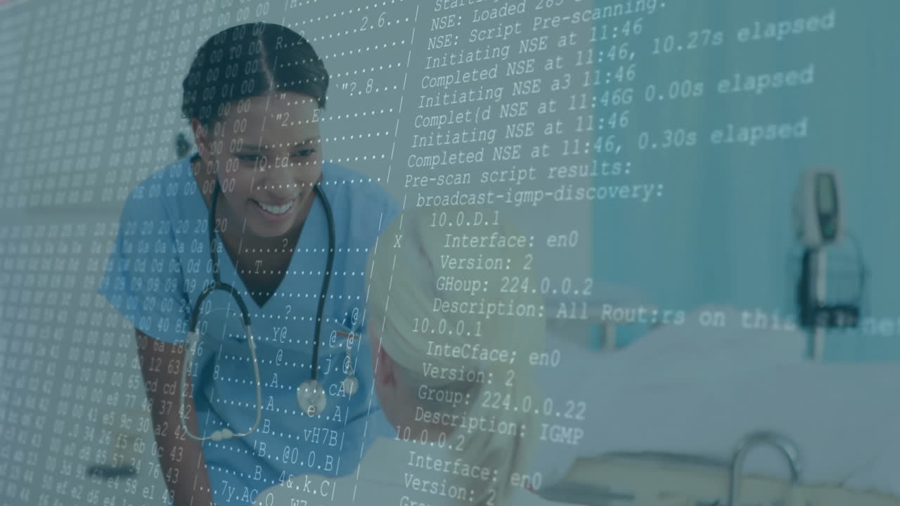 Female healthcare colleagues leaning over bed in clinic, displaying code overlay animation