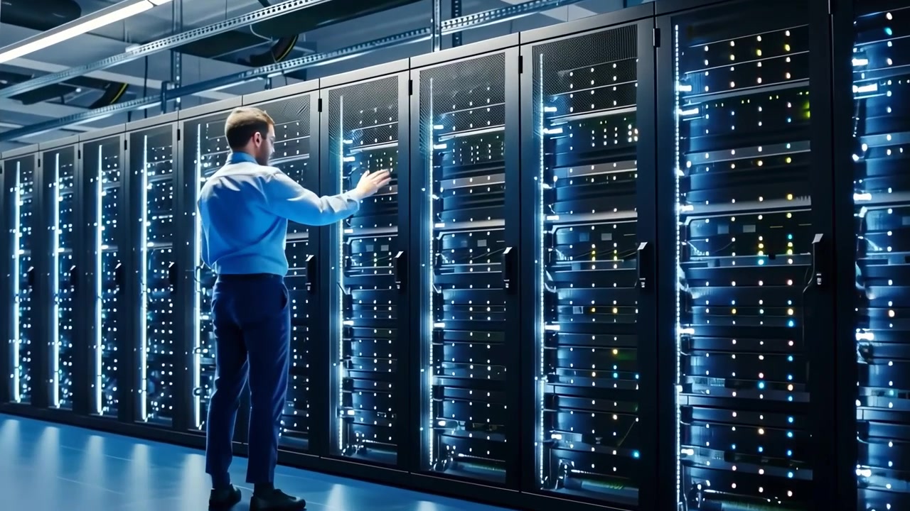 IT Professional Working in a Modern Data Center with Server Racks