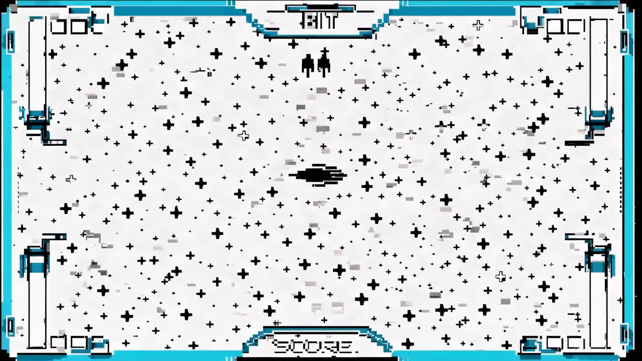 Retro 8-bit space game screen with pixelated spaceships, stars, and score display