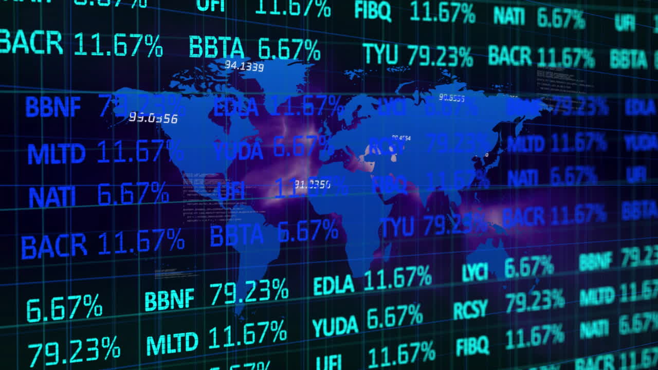 Overlaying digital grid, animation of world map with stock market data and percentages