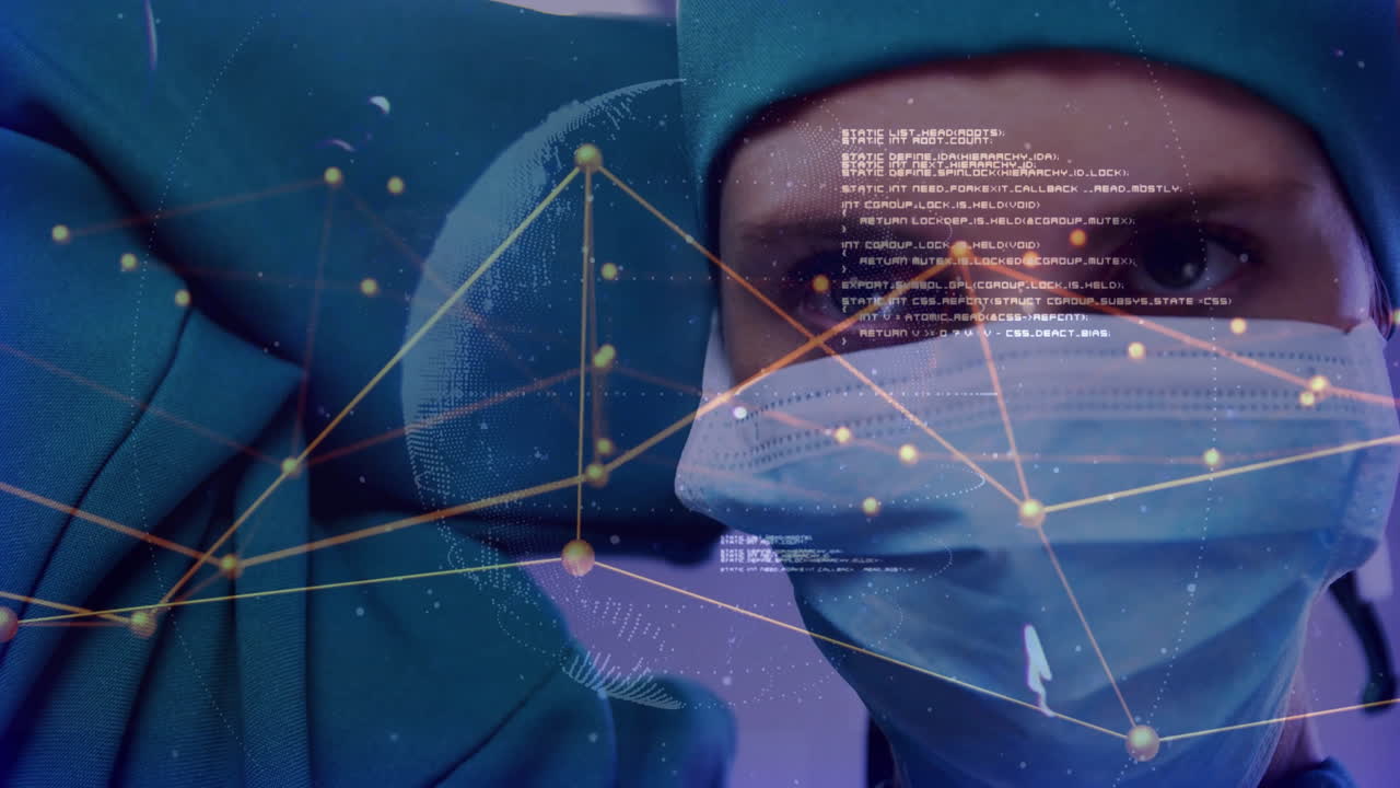 woman surgeon interacting with glowing network nodes and floating code in medical technology scene