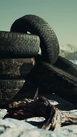 pile of old tires in a snowy landscape