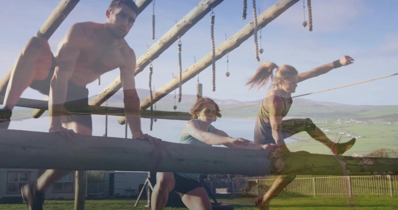 Navigating obstacle course, athletes in scenic landscape with animation elements