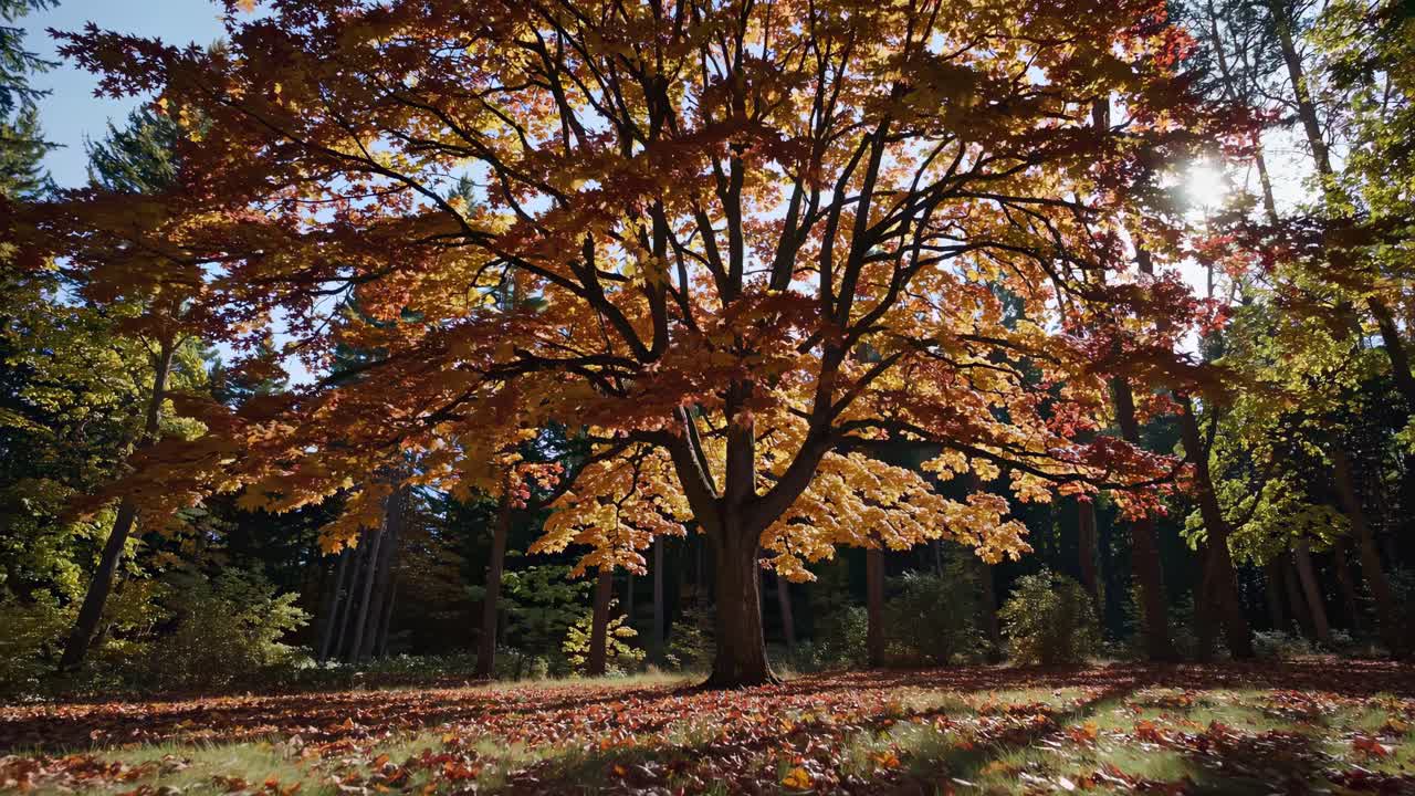 Low-angle video capture of a majestic tree with vibrant autumn leaves, set against a sunlit forest
