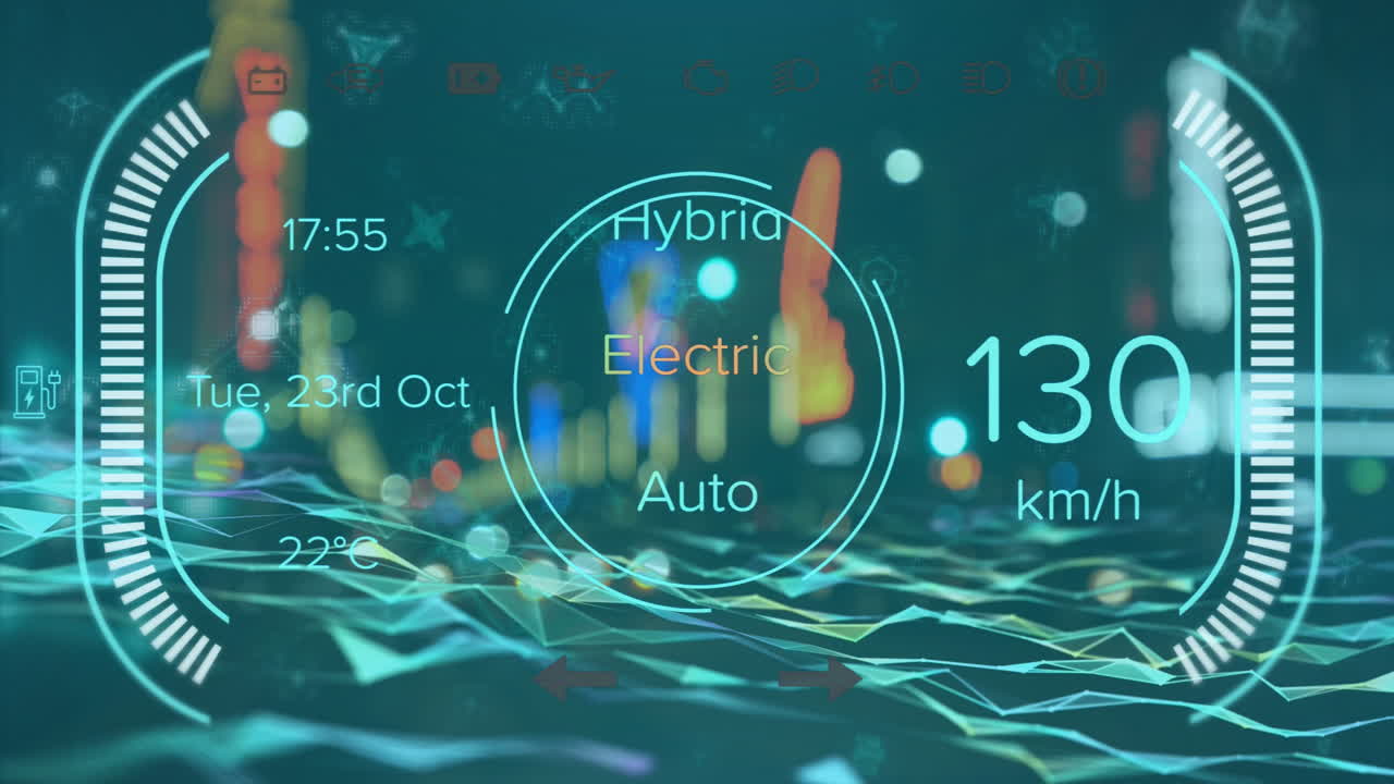 텍스트의 애니메이션, 스피도미터의 숫자, 뉴클레오티드 및 동적 파동, 거리에서 는 사람들