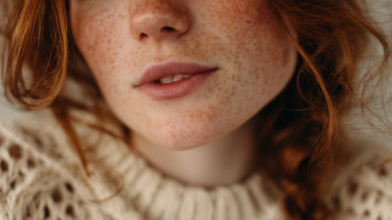 Intimate Close-Up of a Young Woman's Freckled Face, Showcasing Natural Beauty and Emotion Through Soft Textures and Subtle Expressions