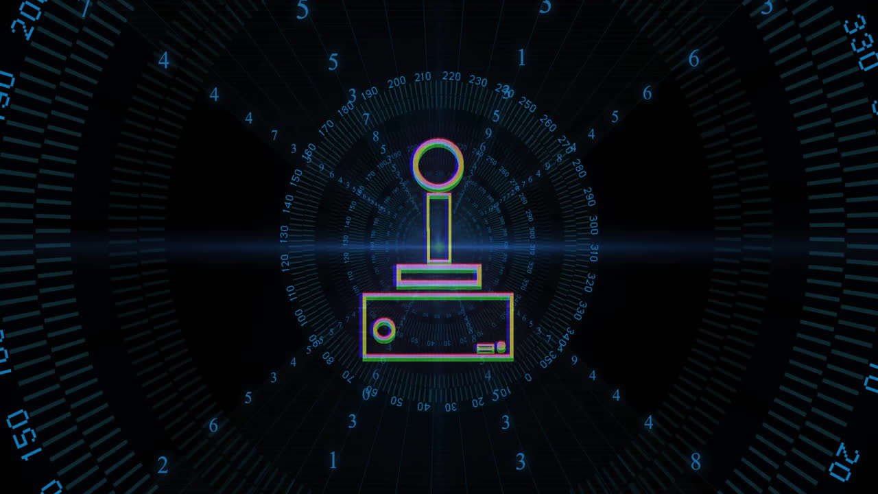 Retro joystick and numbers, gaming technology animation