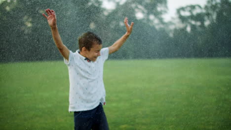 joyful boy standing in meadow. kid getting wet under water sprinkler in park