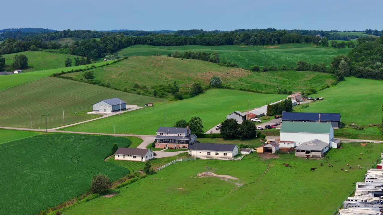 Aerial view of Amish Farm Complex in Green Countryside Near Sugarcreek Ohio, USA