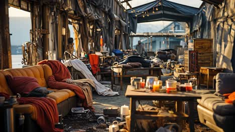 empty shelter space filled with disarray and abandoned belongings