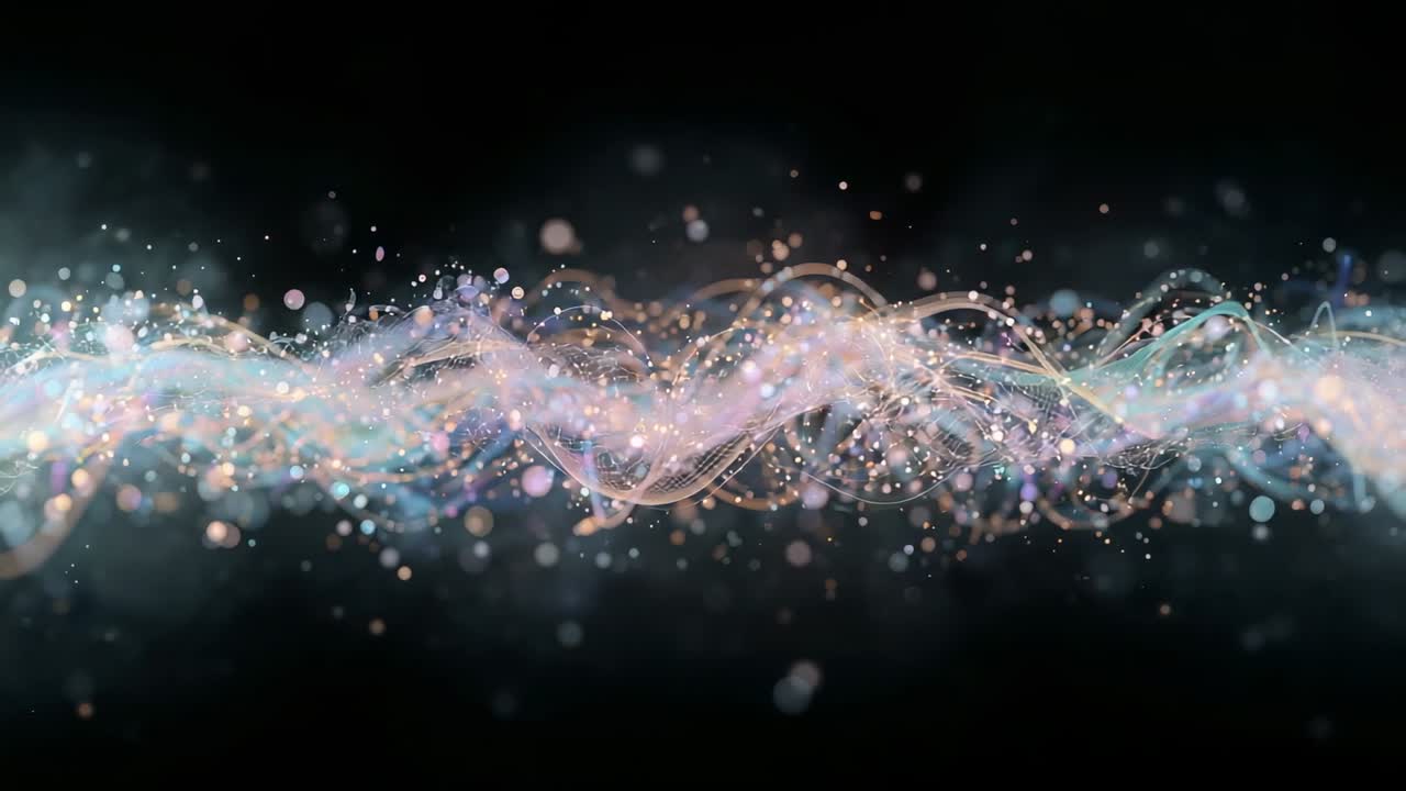 Fotogrammi in riproduzione che creano un nastro luminoso centrale che ondeggia attraverso un vuoto oscuro, emettendo sfere pastello.