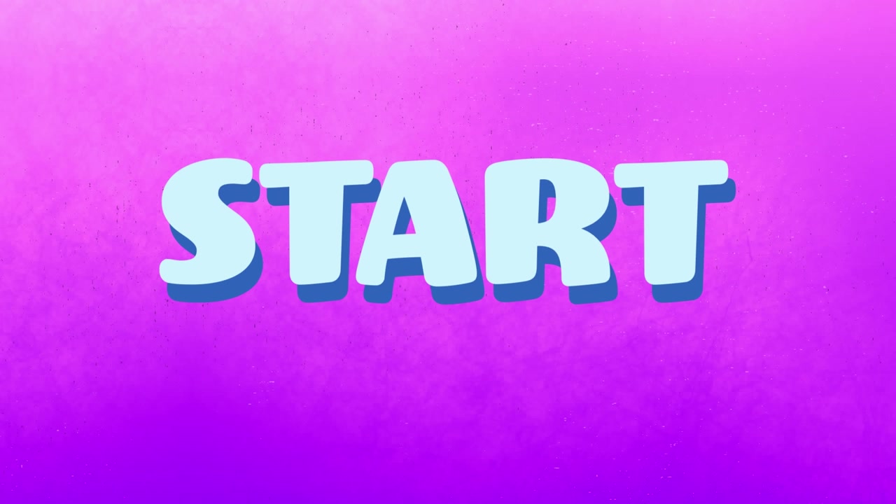Animation of start text with x marks, triangles, sun and purple paint on black background