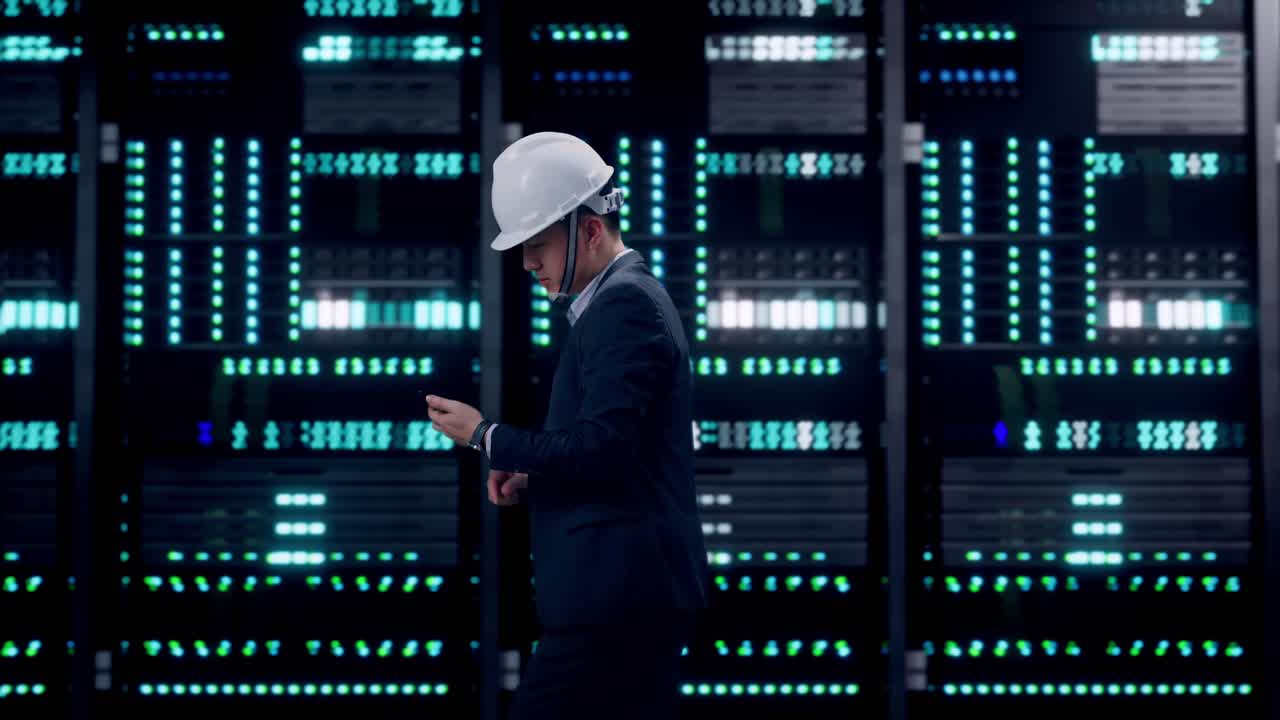 Side View of Asian Businessman Use Smartphone While Walking in Server Room Data Center