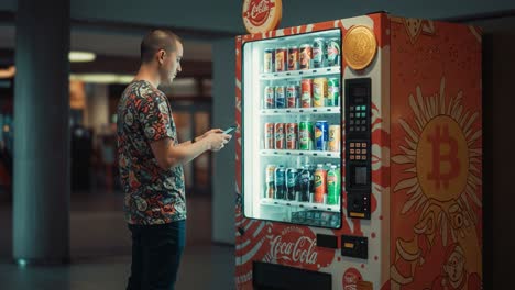 a person interacts with a modern vending machine, curating a selection of beverages while using a smartphone in an indoor setting, highlighting innovation and convenience