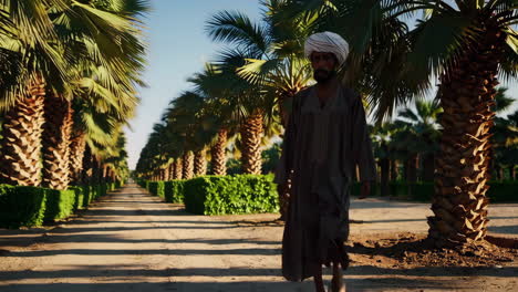 man walking through palm tree lined pathway
