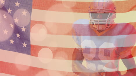 animation of african american american football player and flag of usa