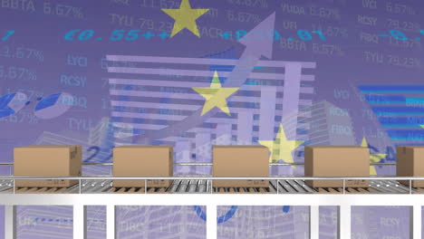 animation of financial data processing and european union flag over cardboard boxes on conveyor belt