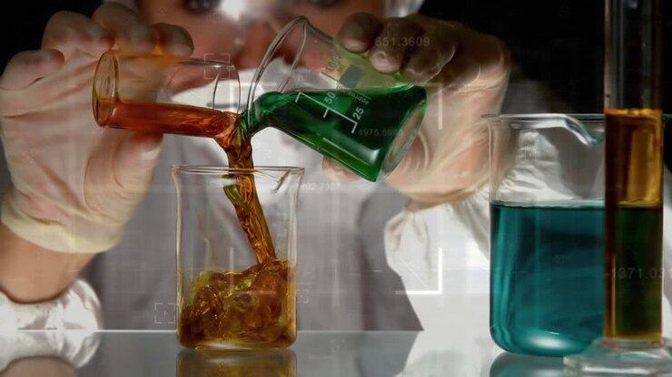 Animation of data processing over scientist pouring liquid into beaker