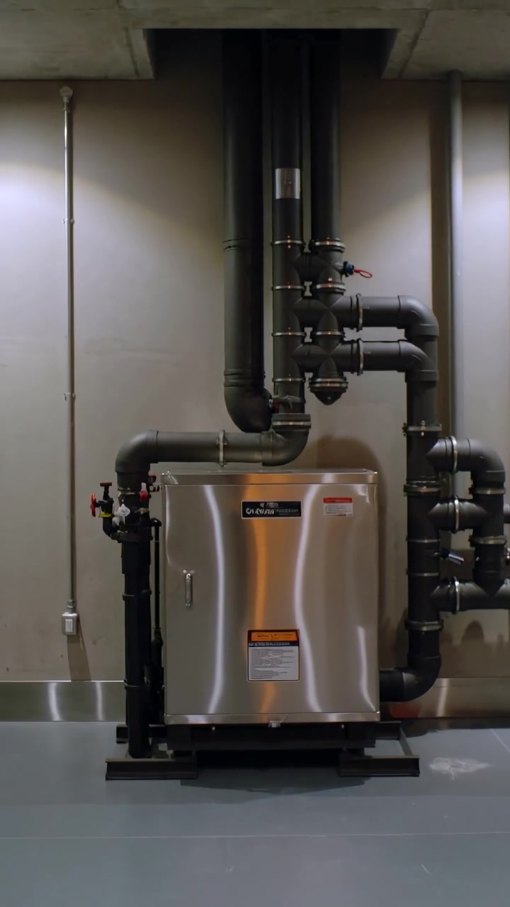 Vertical video: Camera filming stainless cabinet unit centered in utility room, documenting valves