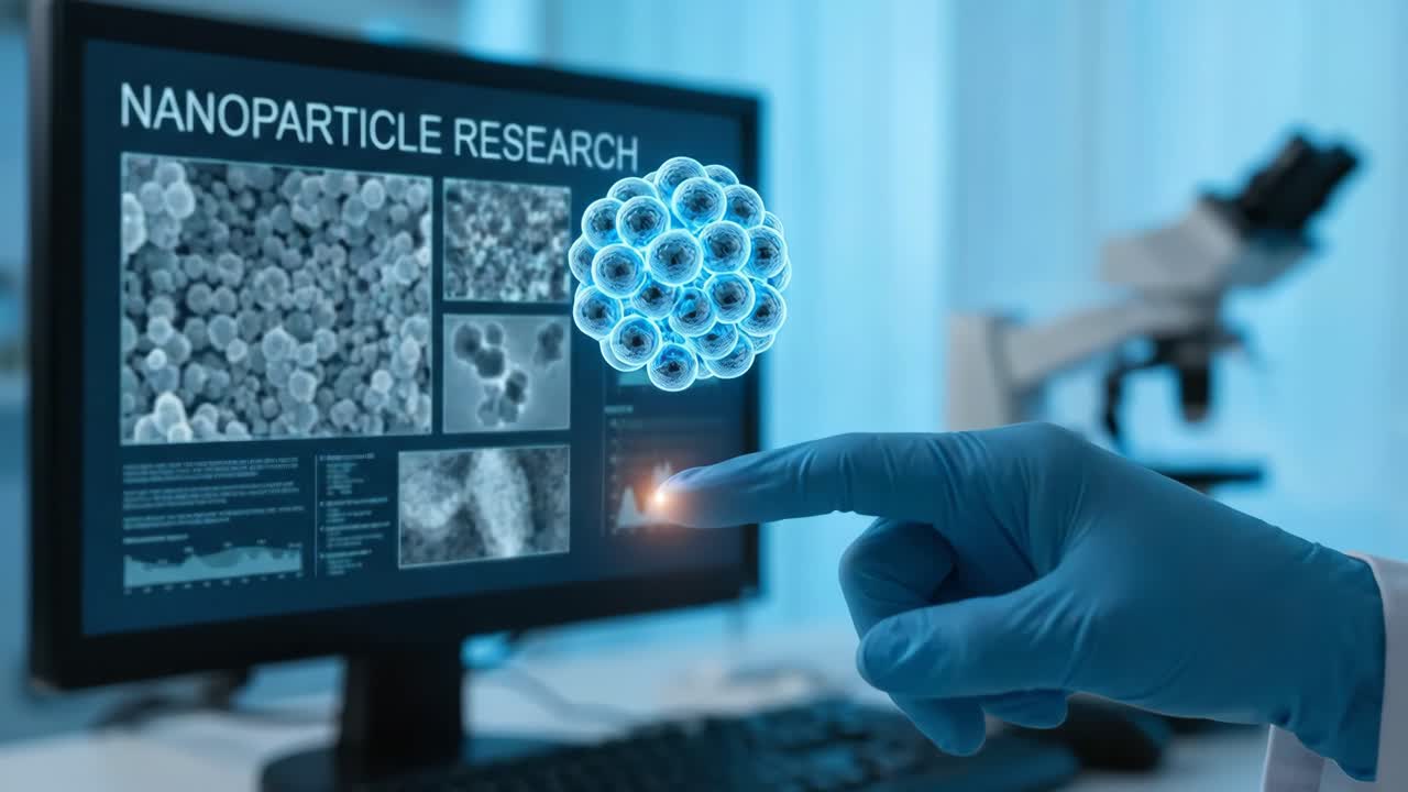 Gloved Hand Interacting with Holographic Nanoparticle in Research Lab