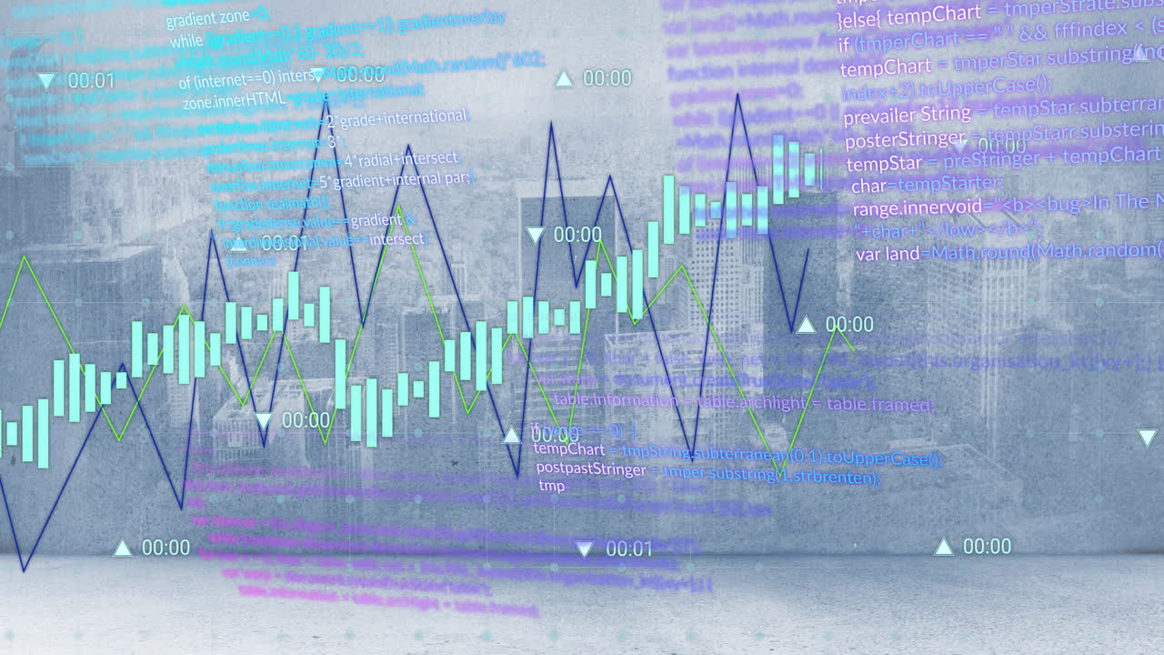 Animation of charts and processing data over cloudy cityscape