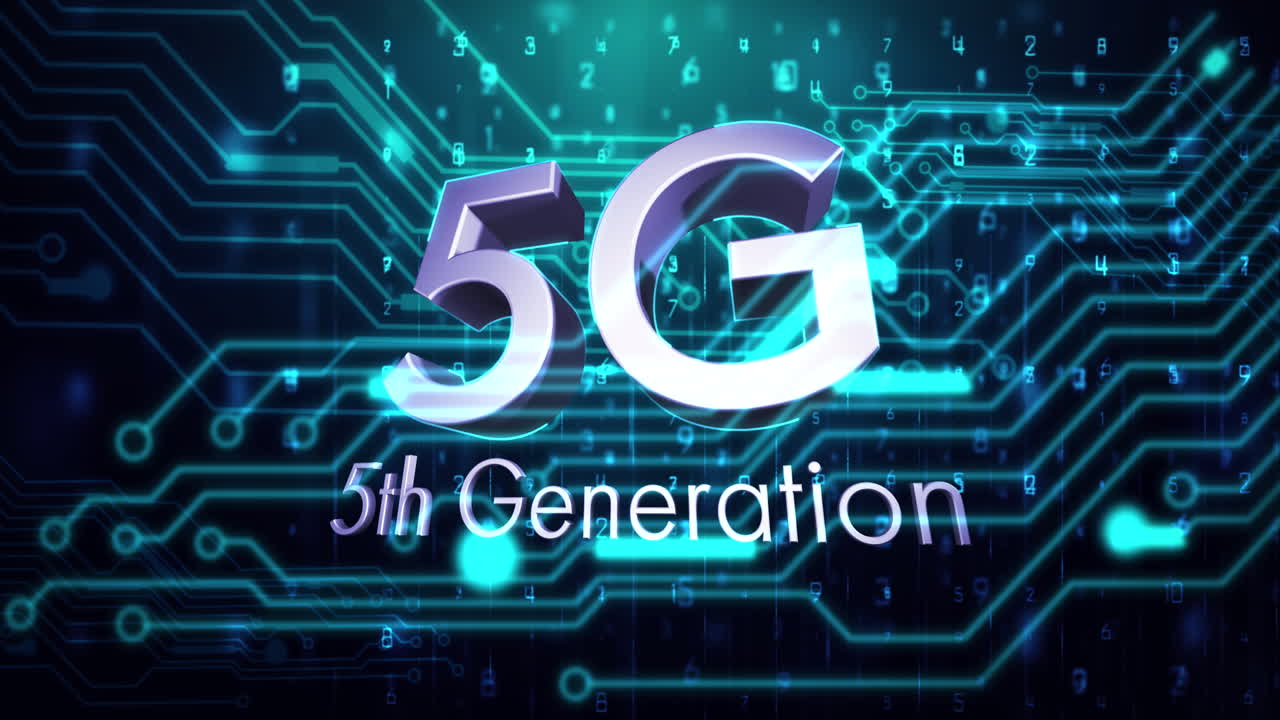 빛나는 컴퓨터 회로판 요소 위에 5g 5세대 텍스트의 애니메이션