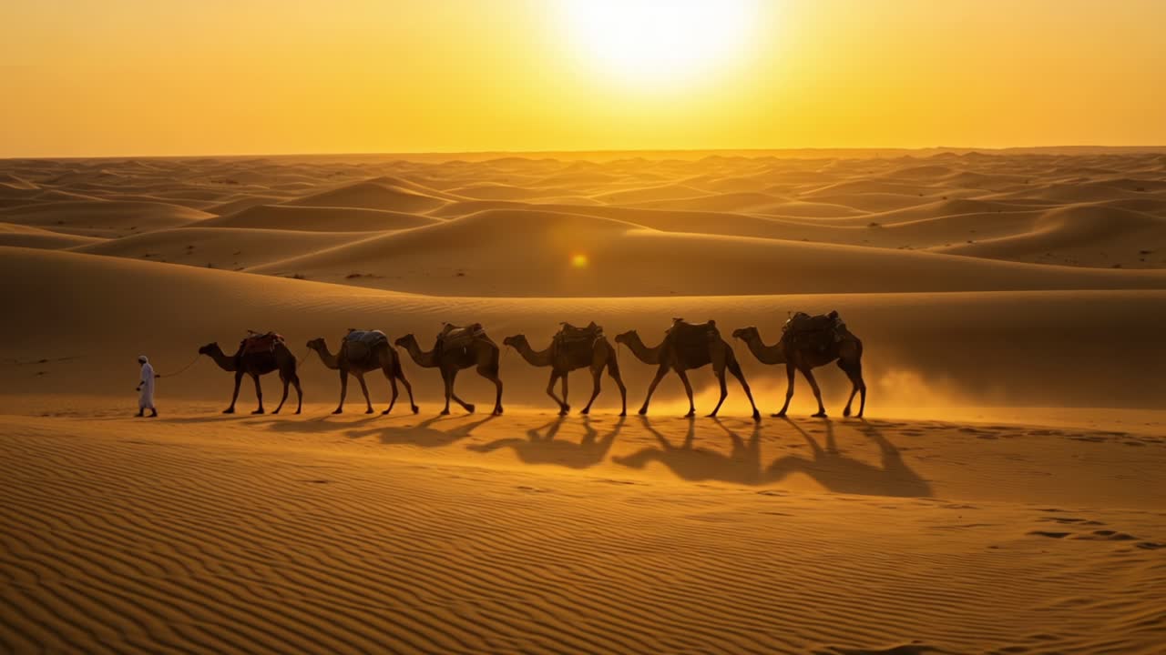 Amidst the Golden Sands, a Caravan of Camels Advances Through the Vast Desert Landscape Under the Warm Glow of the Setting Sun