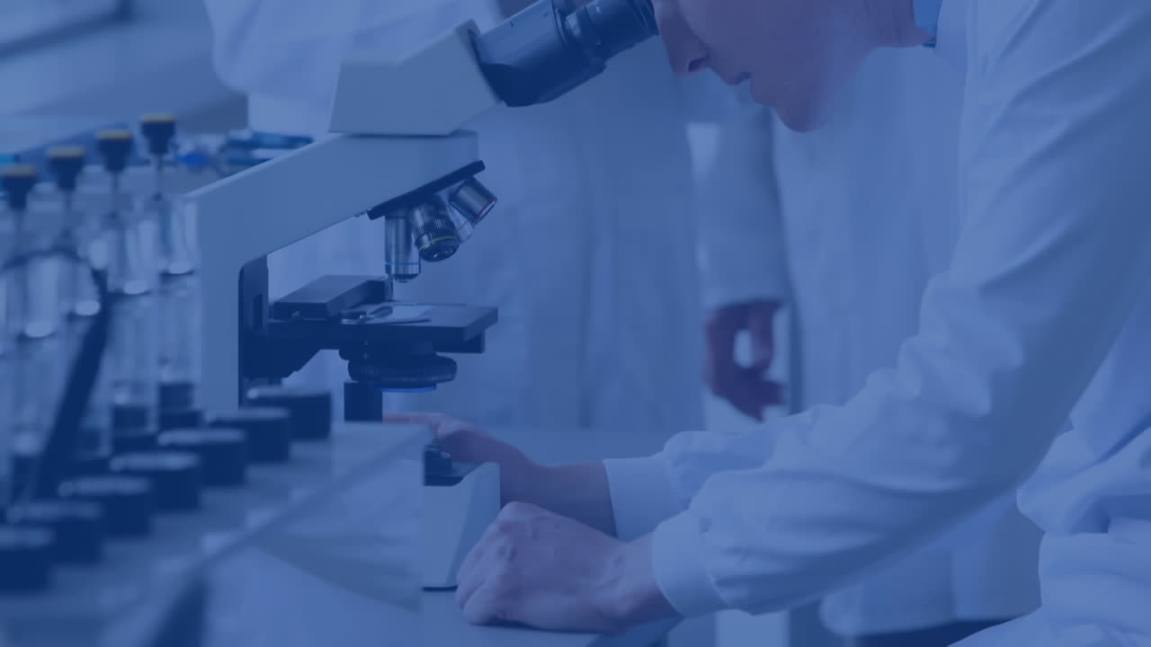 科学者が働き 白い分子図が浮いている