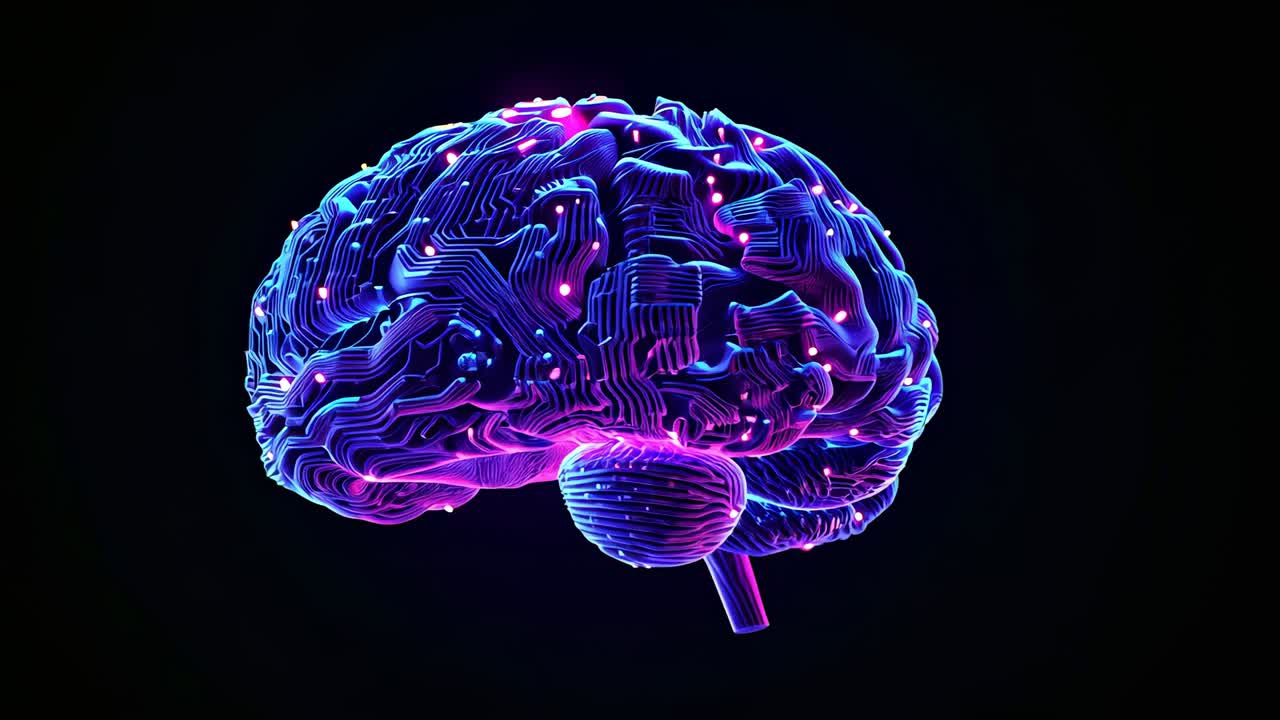 Appearing 3D brain model rotating clockwise in dark void, with neon circuitry and pulsing nodes