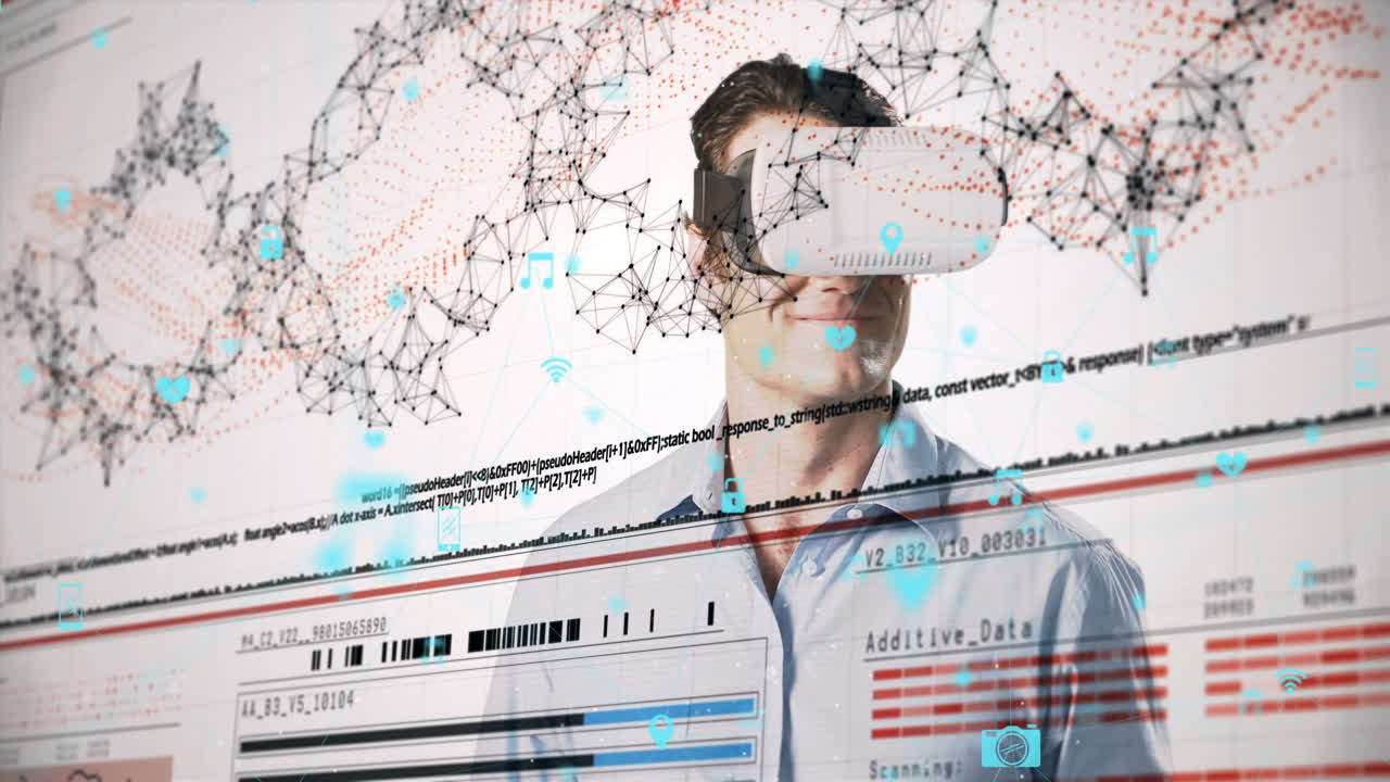 헤드 ⁇ 과 데이터 처리를 착용한 사람 위의 아이콘과 연결 네트워크의 애니메이션