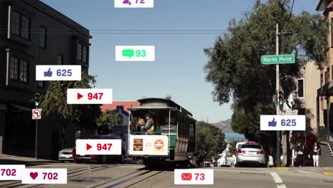 animation of social media icons on multiple speech bubbles over tram operating on the street