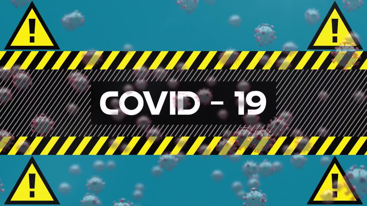 코로나 19 세포의 애니메이션과 경고 테이프와 삼각형의 텍스트