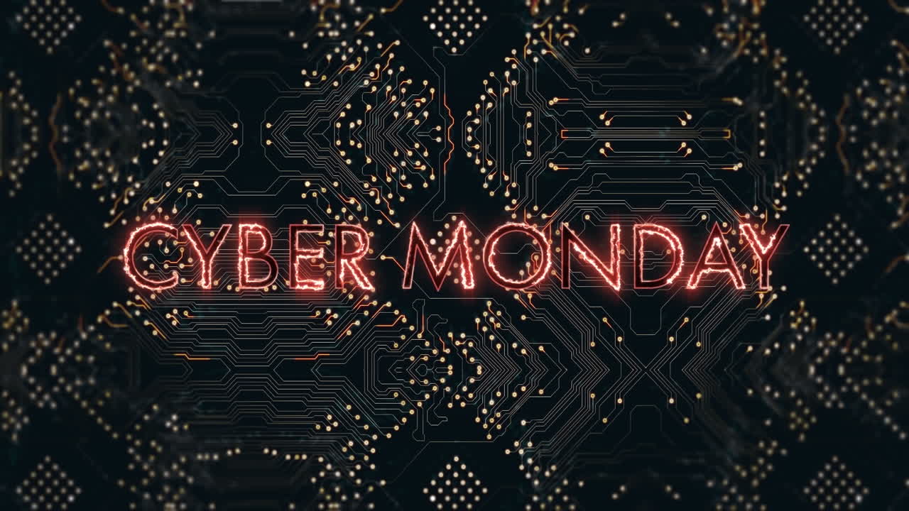 animación de texto de cyber monday sobre placa de circuitos y procesamiento de datos