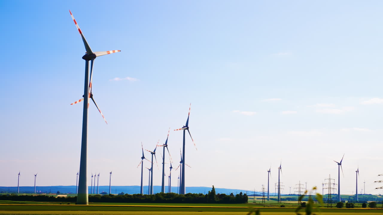 Turbines produce energy in grass. Numerous wind turbines rotate gracefully against a clear blue sky, harnessing wind energy in a rural landscape